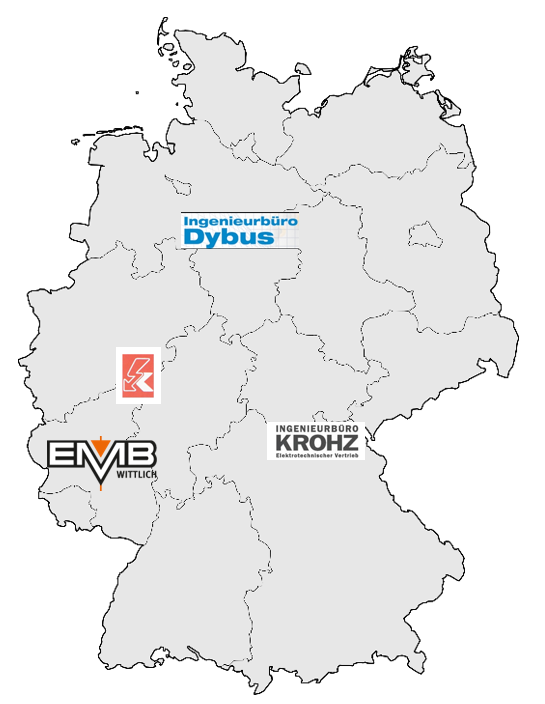 Übersichtskarte mit den Vertriebsgebieten und Ansprechpartnern der EMB Elektromaschinenbau Wittlich GmbH