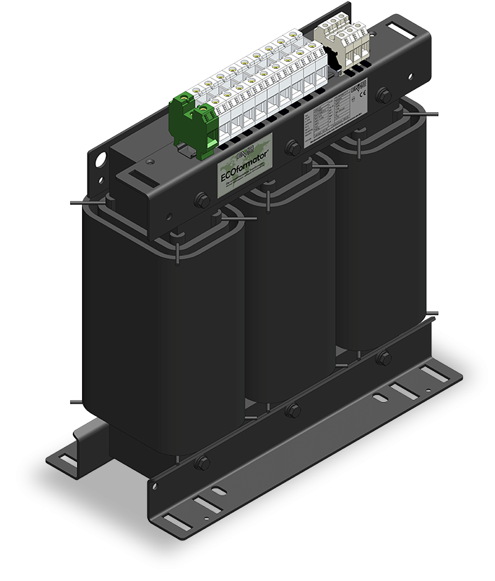 Produktabbildung eines Ecoformators, energieeffizienter Transformator mit optimiertem Wirkungsgrad und kompakter Bauform