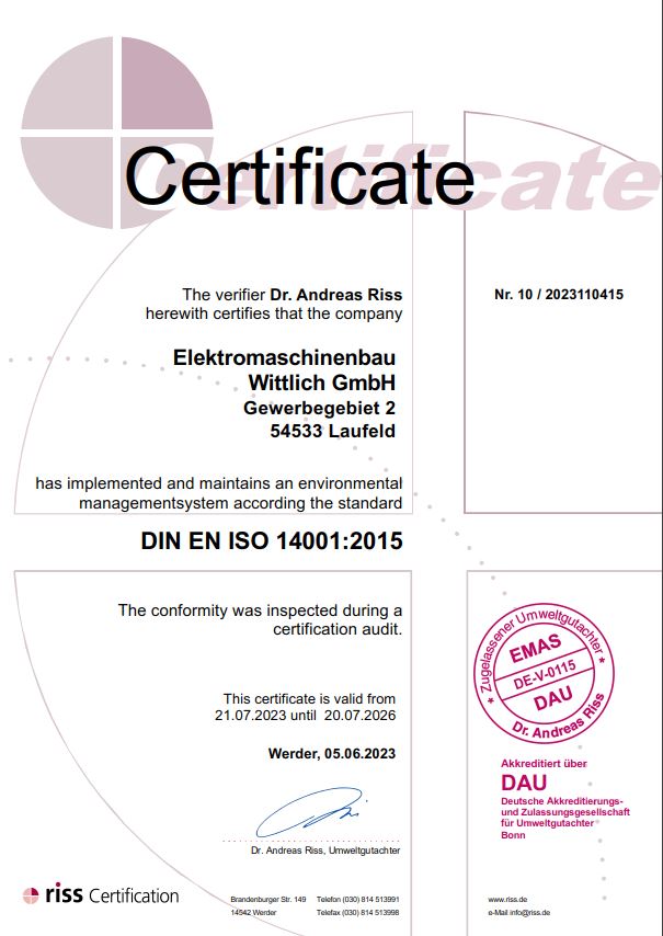 ISO 14001 environmental management certificate of EMB Elektromaschinenbau Wittlich GmbH, valid until July 20, 2026