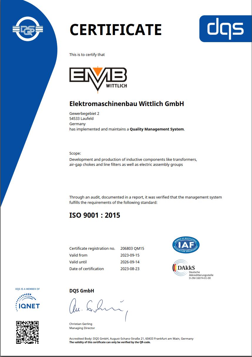 ISO 9001 quality management certificate of EMB Elektromaschinenbau Wittlich GmbH, valid until September 14, 2026